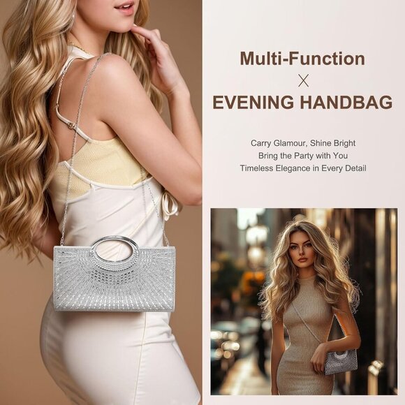 🆕Women Sparkly Black Polyester Rhinestone Clutch Evening Bag Shoulder Chain - Picture 7 of 7